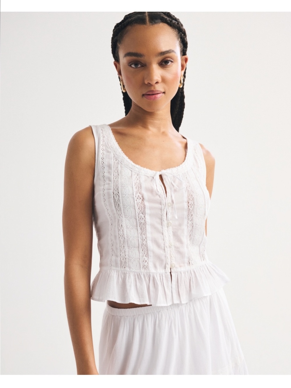 Abercrombie Button-Through Lace Trim Tank White